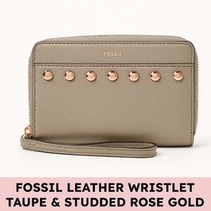 Fossil Leather Studded Zip Wristlet Wallet Taupe Pebbled Minimalistcore
